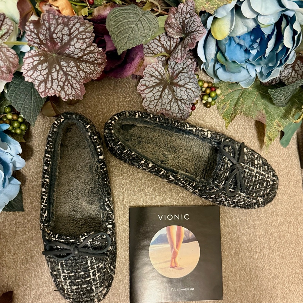 Vionic Women's Cozy Ida Black Grey Tweed Slippers, Size 5M, NEW